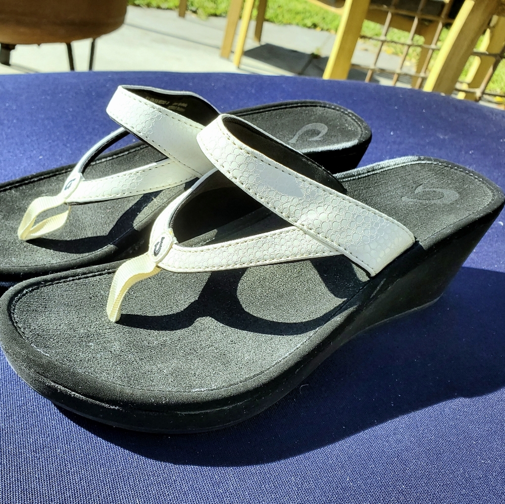 Olukai Black and White Wedge Sandals